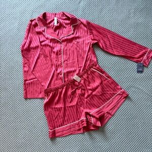 Auden Satin Stripe Two-Piece Pajama Set - Hot Pink with White Stripes